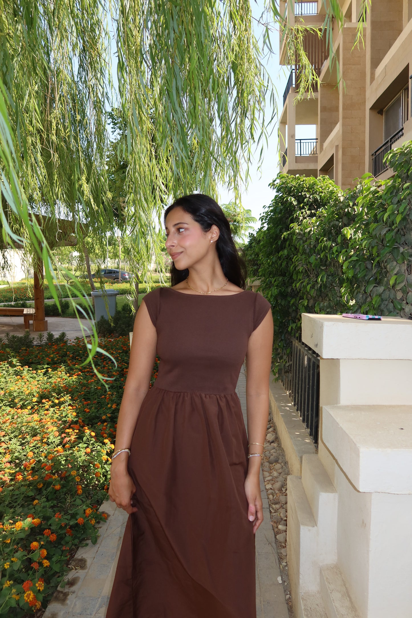 Brown poplin midi dress