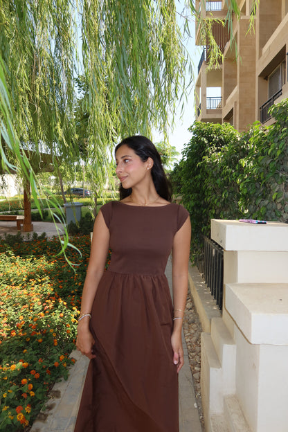 Brown poplin midi dress
